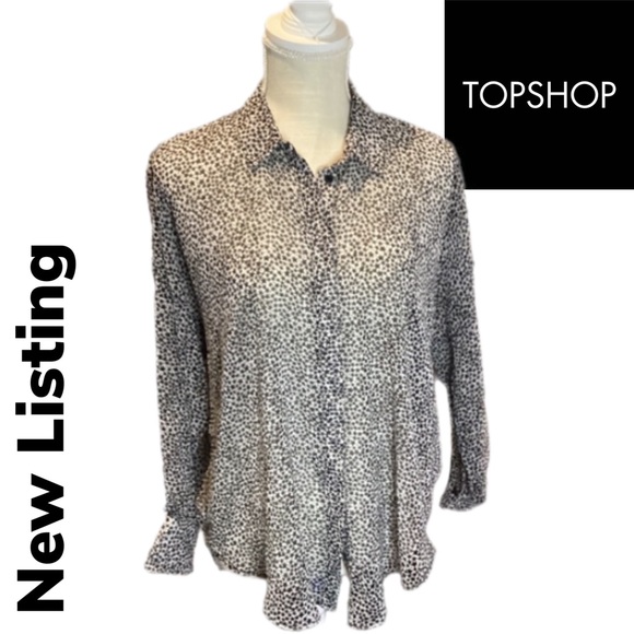 ‼️SOLD💕🔥 TOPSHOP EUC Women 6 Semi-Sheer Hi-Lo Black White Star Pattern Blouse - Picture 2 of 16